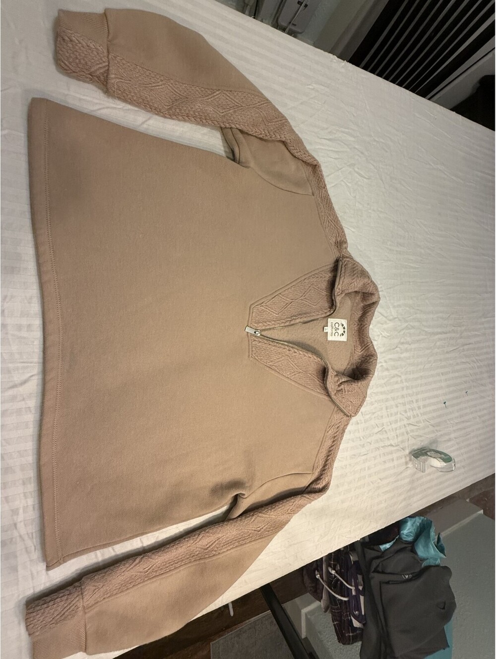 C&C California Quarter-Zip Pullover Women's L Tan Cable Knit Mock Neck